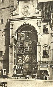 Earlier appearance of the OlomoucAstronomical Clock on a vintage photo, source: Archiv Vydavatelství MCU s.r.o.